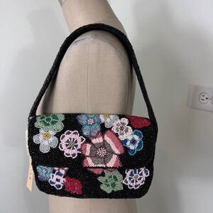 New Hand Beaded Black Floral Purse Clutch Bag Made in India NWT